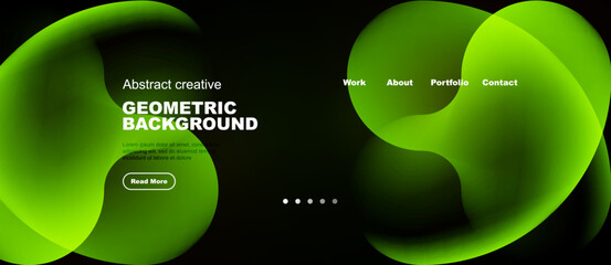 Naklejka premium Dark background features vibrant green fluid shapes. Text elements include header, body copy, navigation options, button. Minimalist design.