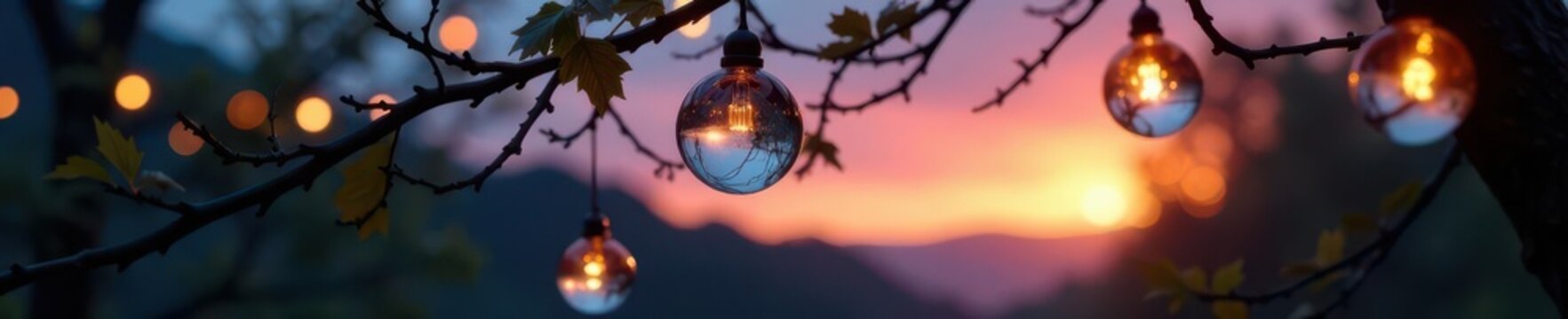 Glass globe lights hang from tree branches at dusk, string lights, contemporary