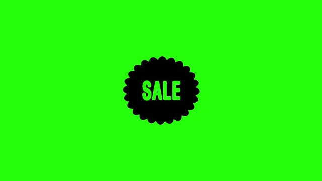 Premium 4K horizontal video showcasing a serrated round circular sticker product label badge stamped with uppercase sale letters bouncing. Clean energetic popup animation perfect for e-commerce shoppi