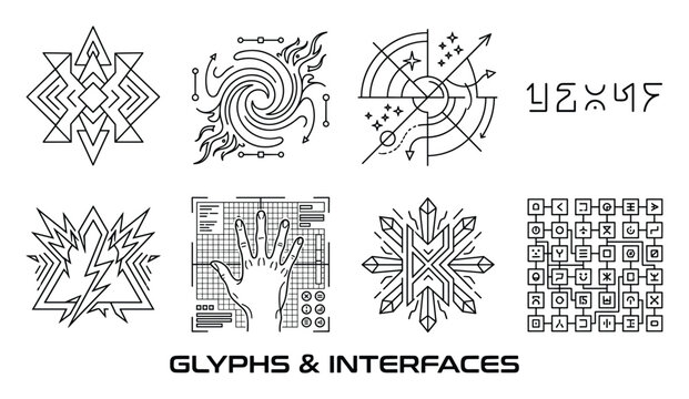 Glyphs and interfaces for futuristic technology and alien communication systems symbols and digital displays.