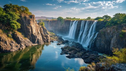 Obraz premium Grand Waterfall Cascading Through Rocky Canyon