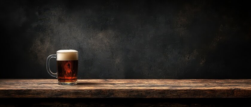 beer mug on the old wood table in a pub, black background, copy space