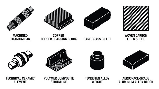 Material types icons set including titanium copper brass carbon fiber ceramic polymer tungsten aluminum.