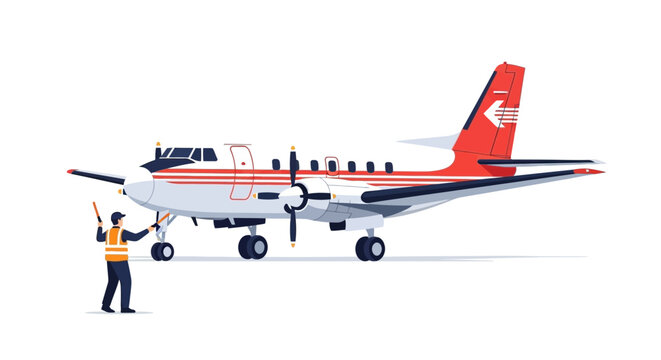 Vector Illustration of Turboprop Plane and Ground Crew Marshaller