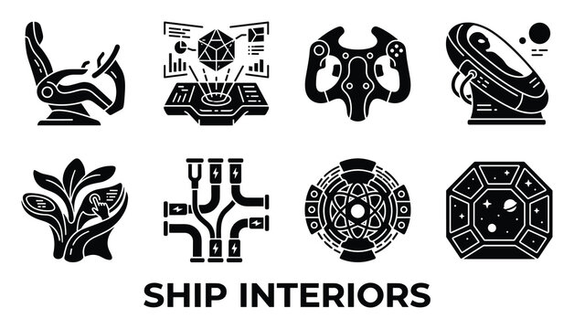 Ship interiors set alien technology icons futuristic spaceship control console design elements.