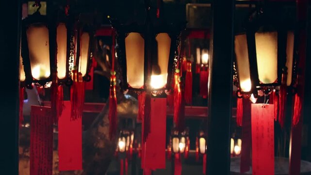 Focus on lit hanging lamps decorated in auspicious red ribbons and red tags for the Chinese New Year while worshipers walked around in the background in Man Mo Temple. Sheung Wan, Hong Kong