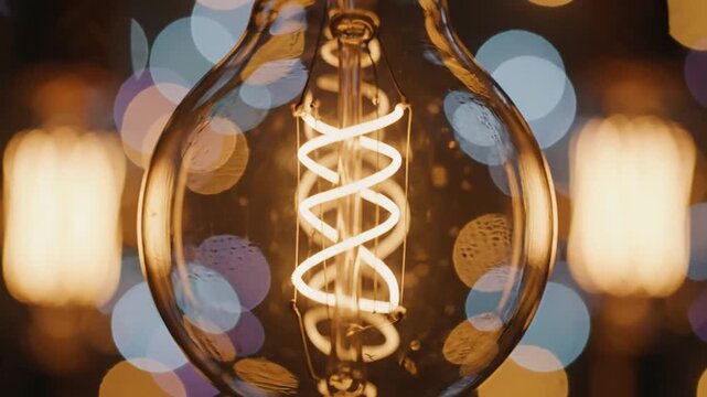 Close up of a glowing Edison light bulb with a spiral filament against a warm bokeh background