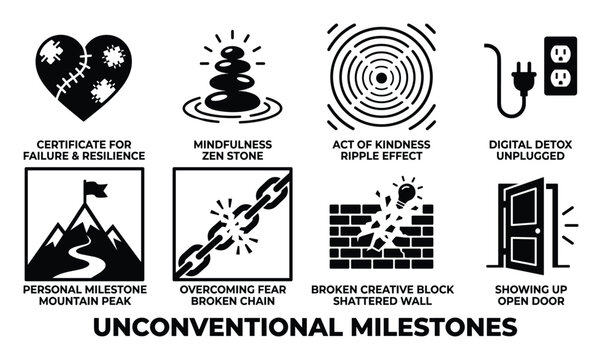 Unconventional milestones icons for resilience personal growth digital detox and broken chain.