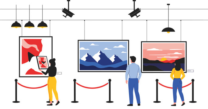 Art gallery exhibition vector illustration featuring museum visitors viewing framed paintings in contemporary cultural showcase environment