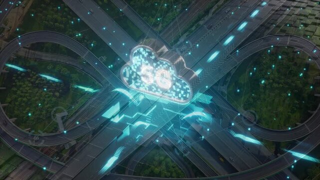 Glowing 5G cloud icon hovering over a complex highway cloverleaf interchange. Depicts cloud-based traffic management, smart transportation systems, connected vehicles, and high-speed data mobility.