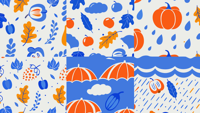 Autumn seamless pattern with leaves acorns pumpkins and umbrellas in blue orange and white colors for fall designs