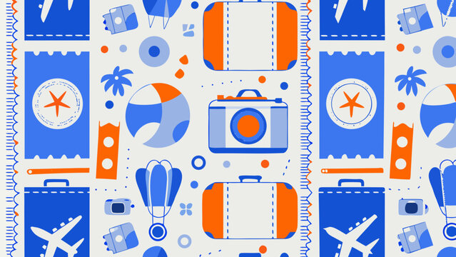 Vibrant travel icons seamless pattern with suitcases passports and cameras in blue orange and white colors for tourism and adventure designs