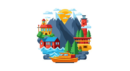 Naklejka premium Coastal mountain village with lighthouse and boat at sunset