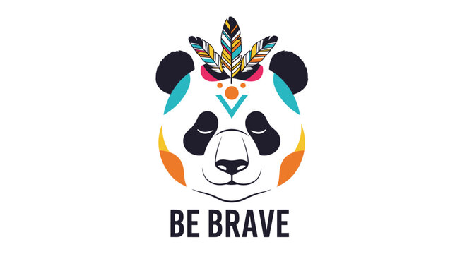 Artistic panda face illustration decorated with colorful tribal paint and native feathers in a unique ethnic style.