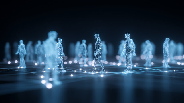 Digital human figures walking across a connected network, representing online community, social interaction, workforce communication, and virtual collaboration.
