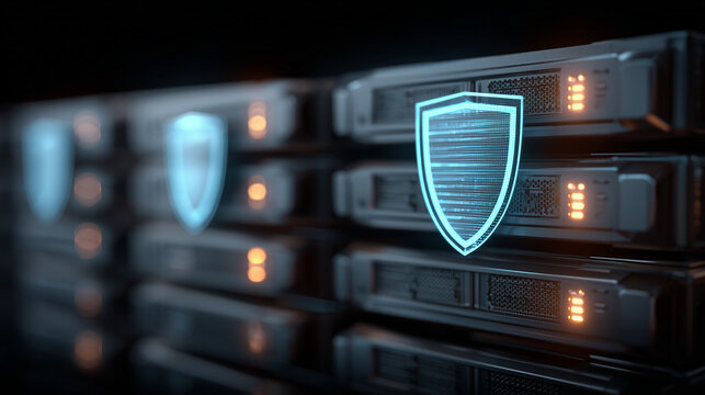 Digital shield in a server room, representing data center cybersecurity, infrastructure protection, secure hosting, and network defense.
