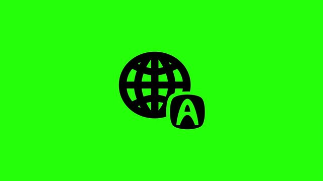 Creative 4K horizontal motion asset containing a grid line earth globe with a specific character alphabet text badge bouncing dynamically. Unique energetic popup graphic for international foreign lang