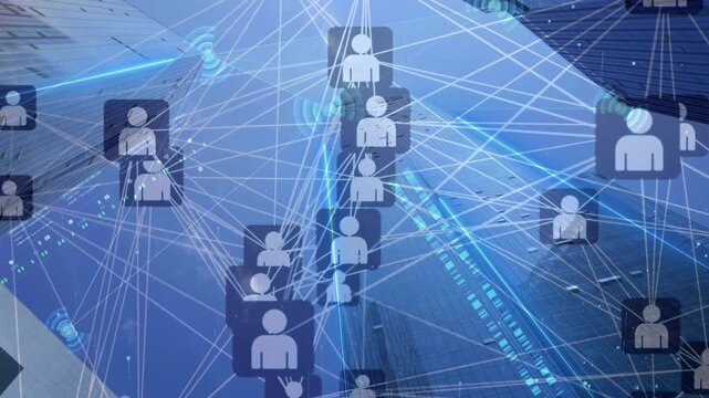 Abstract blue digital network background featuring glowing connection lines and user profile icons. Illustrates cyberspace, human networking, digital communities, and social media interconnections.