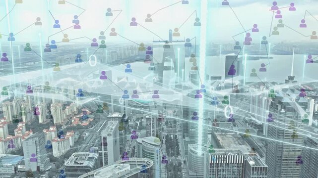 Daytime modern city skyline with glowing network lines, data numbers, and user profile icons. Represents a digital population, smart city data, internet of things (IoT), and urban internet networking.