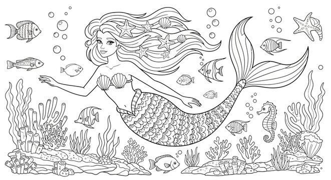 Mermaid swimming with ocean fish sea.