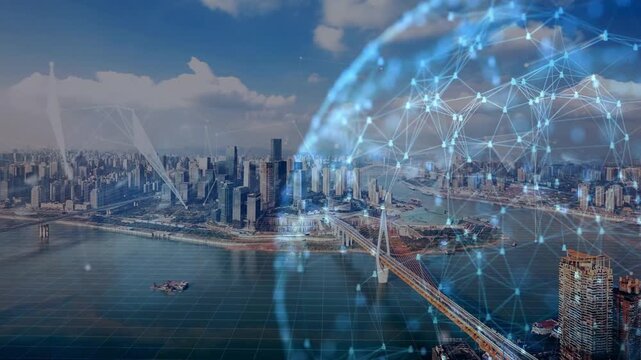 Aerial view of a city skyline near a river with a 3D digital wireframe globe overlay. Illustrates global connectivity, international business networking, smart city, and worldwide telecommunications.