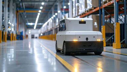 Fototapeta premium White Autonomous Delivery Vehicle Moving Through Modern Warehouse Aisle