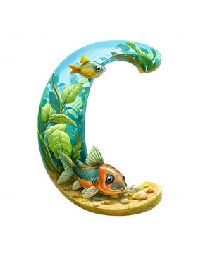 Whimsical watercolor corydoras catfish on sandy bottom of water letter C with green plants for ocean themed nursery wall art