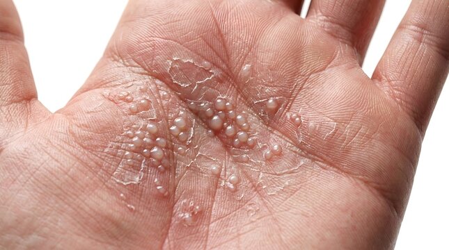 Dyshidrotic eczema on palm of hand with visible fluid-filled blisters and skin peeling, close-up of pompholyx dermatitis symptoms on human skin, medical photography of allergic contact