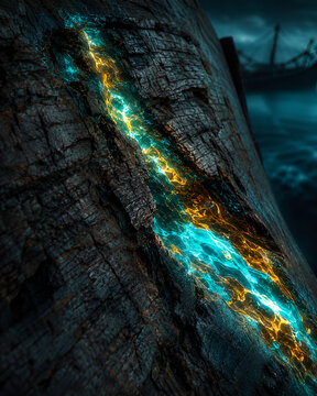 Weathered Omani dhow hull with a glowing gold and cyan scar as a powerful metaphor for healing and resilience
