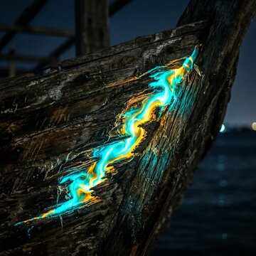 Weathered Omani dhow hull with a glowing gold and cyan scar as a powerful metaphor for healing and resilience