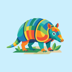 A colorful stylized armadillo stands on a simple grassy patch © Qosim