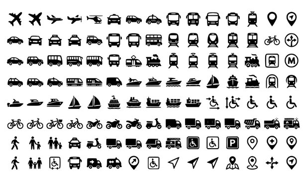 Transportation Vector Icon Collection with Airplanes Cars Trains Boats Bicycles and Map Symbols