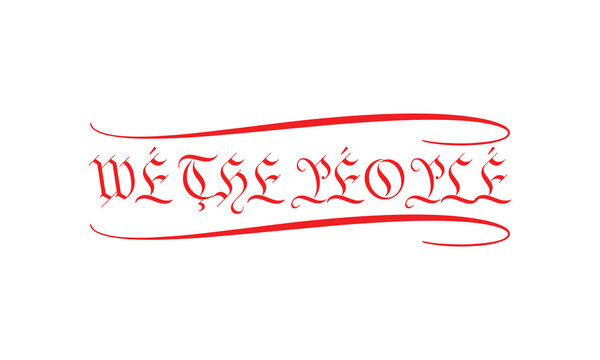 Elegant red We The People text in a vintage gothic calligraphy script with decorative flourishes. Historic preamble typography isolated on a white background.