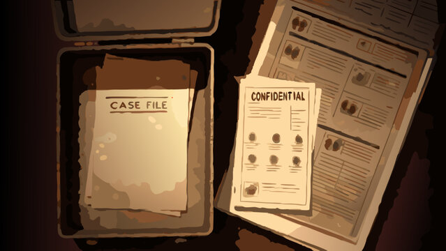Vintage case file with confidential documents and fingerprints in briefcase