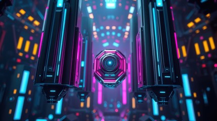 Fototapeta premium Futuristic corridor. Glowing neon lights create symmetrical perspective. Dark metallic structures dominate scene. Intense vibrant colors.
