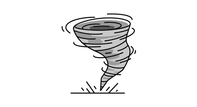 Stylized tornado icon shows a swirling grey funnel cloud touching the ground with debris and motion lines on a white background.