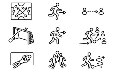 Fototapeta premium Soccer tactics line icon set, football strategy and coaching diagrams, 9 vector elements for sports training and match analysis