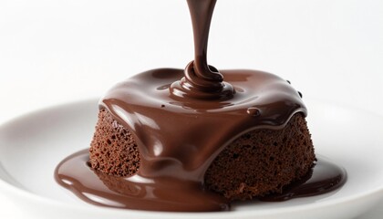 Obraz premium Moist chocolate cake on a white plate with glossy chocolate sauce being poured over it, creating a rich, silky, indulgent dessert