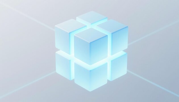 Glowing translucent 3D cube composed of nine modular cubes floating over a soft glowing grid, futuristic minimal tech visualization