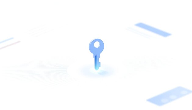 Blue 3D key icon floating on a minimal white tech interface, symbolizing digital security and access control