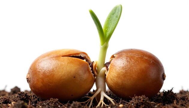 Close-up of a germinating seed with a green seedling and visible roots emerging from soil