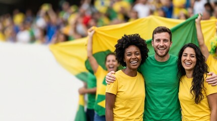 Fototapeta premium Group of happy diverse friends cheering for Brazil national team at the stadium, holding a large flag and smiling during a football match