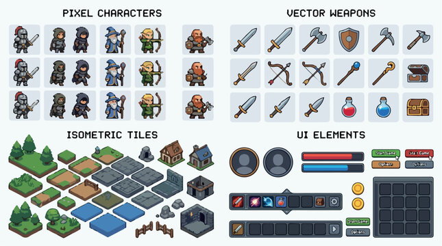 Pixel art game assets collection, fantasy pixel characters and vector weapons, isometric tiles and UI elements for RPG game design