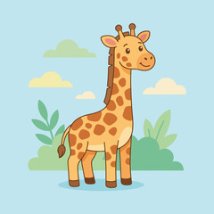 Obraz premium A cute cartoon giraffe stands in a sunny grassy field
