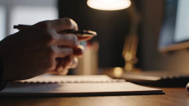Close-up of a person's hand writing in a notebook with a pen under a desk lamp at night, focusing on the act of writing and note-taking.