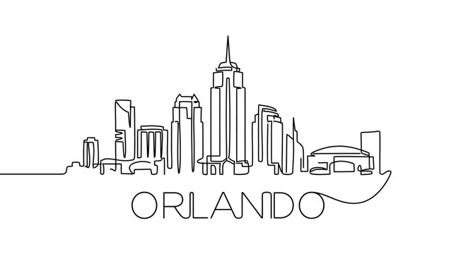 Orlando Skyline One Line Art Illustration, Minimalist Cityscape