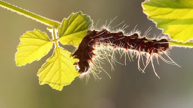Golden Emperor caterpillar feeding on a wild grape leaf. The caterpillar is dark red, with green ornamentation and hairs on its body. Moths of the genus Loepa belong to the family Saturniidae.