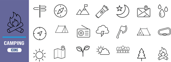 Outdoor adventure camping line icons. tent icon set, campfire icon set, compass icon set © Never lost