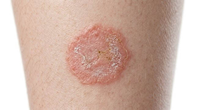 Dermatological skin infection showing ringworm fungal rash on human leg, circular red inflamed lesion with scaly texture and raised borders, medical close-up of tinea corporis fungal infection