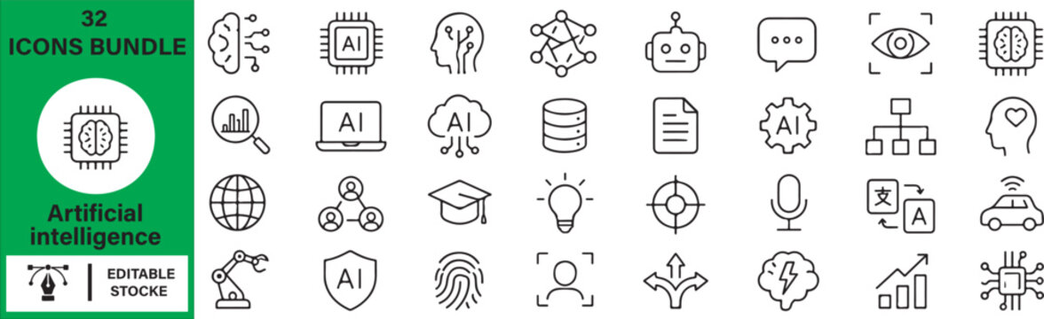Set of 32 Artificial intelligence icons Each icon will be different, create a vector outline icons using white background and black color